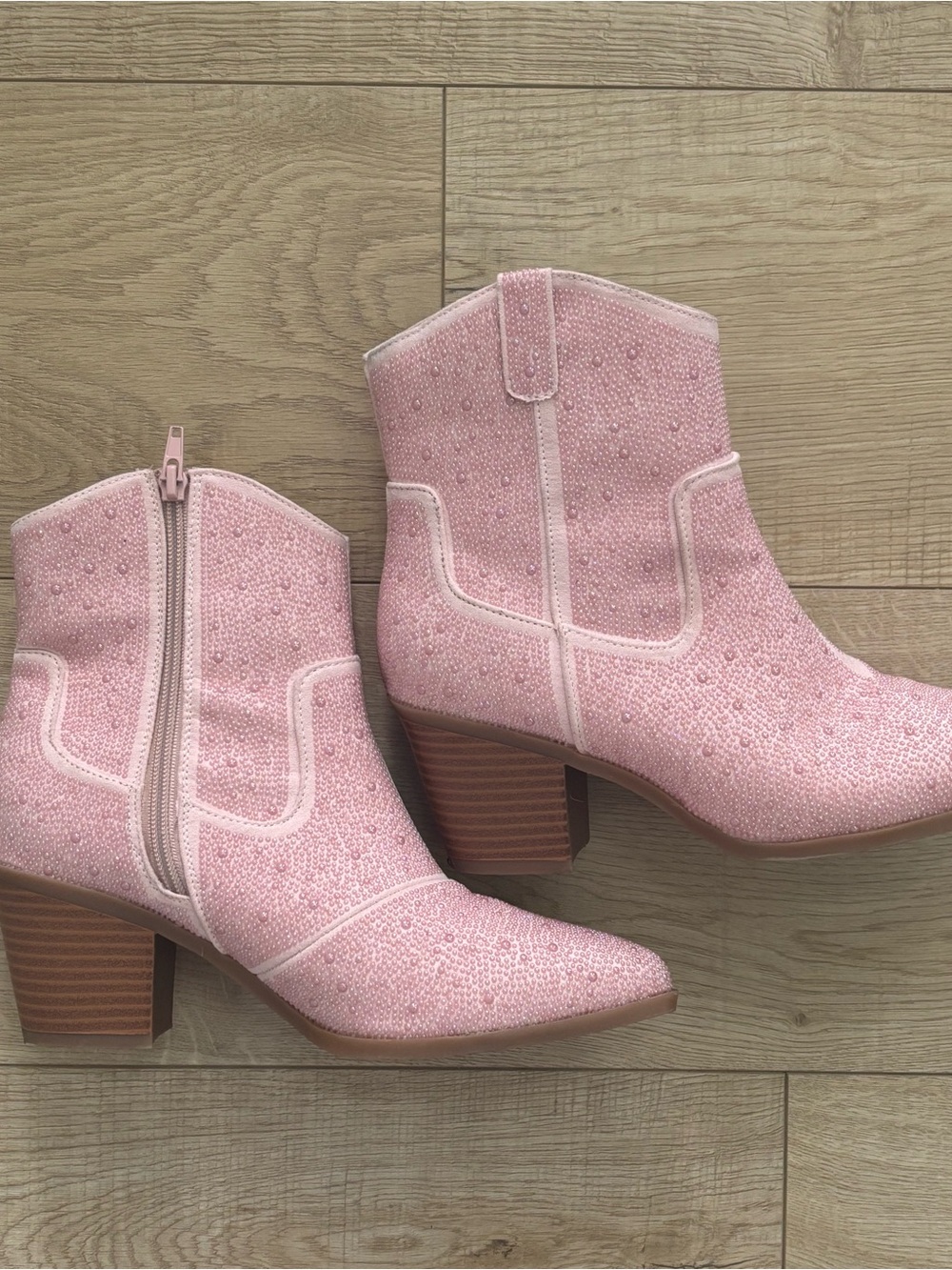 Pink Glitter Western Ankle Boots for Women Boho Cowgirl Embellished Boot